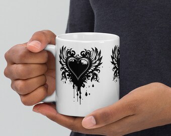 Black and White Winged Bleeding Heart White glossy 11oz mug  cup home decor gift gothic