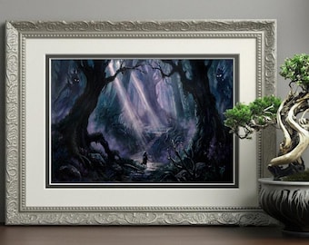 Noors mörka skog – Fantasiskogstryck | Arkivgiclée-tryck | Gotisk fantasilandskapsväggkonst för hemmakontor 11x17