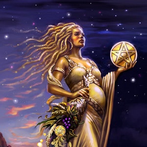 Zes van munten, Pentacles Overvloed, Fantasy Tarot Deck Card Art Print, Wanddecor, Kleine arcana Abundantia