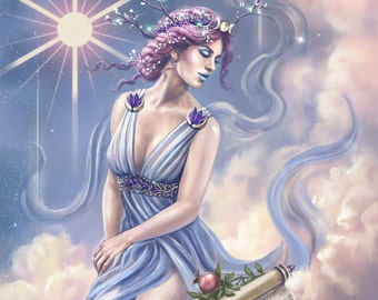 The High Priestess, Greek Goddess Persephone , Fantasy Tarot Card Art Print, Wall decor, moon