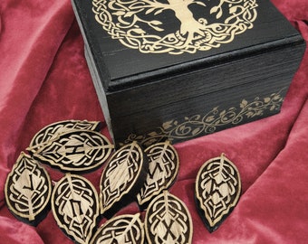 Viking Elder Futhark Pocket Rune Set, leaf norse nordic yggdrasil Solid ASH WOOD, yule pagan witch holiday gift ideas, USA made