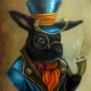 Retrato de conejo steampunk, impresión de la obra de arte original, linda ilustración de conejito antropomórfico, regalo para amantes de la fantasía.