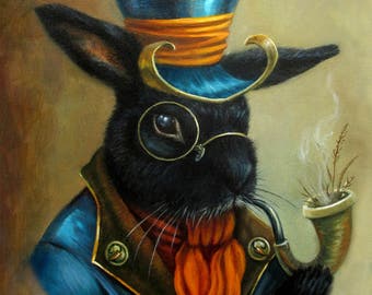 Steampunk Rabbit Portrait, Print from Original Artwork, Cute Anthropomorphized Bunny Illustration, Gift for Fantasy Lover