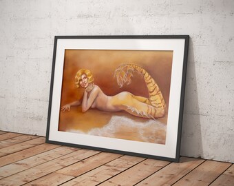 Mermaid Art, Fantasy Art Print,Pinup, PIN UP ocean beach seascape nautical art Tigers eye poster large 16 x 20