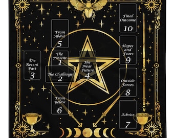 Tarot Spread Cloth with Celtic Cross meanings, Tarot Reading Cloth, Beginner Tarot Altar Cloth, Tarot Deck Accessories, Moon phase, gift
