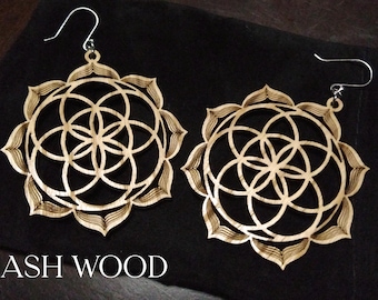 Sacred Geometry Sterling Silver Flower of Life Wood Earrings boho  hippie newage pagan wooden cherry , ash, purple heart , USA Made