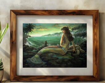 Zeemeermin kunst, zeemeermin poster, zeemeermin print, Hawaiiaanse zeemeermin, Hawaii, Hawaiiaanse kunst, zeemeermin decor, tropische zeemeermin