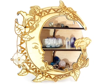 Crystal Moon Shelf, Moon Flower Shelf, Rock shelf , altar shelf, Essential Oil Shelf, Wood Floating Shelf, Moon Décor,   wall art, decor