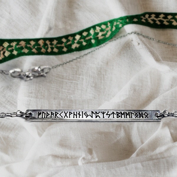 Women's Norse Futhark Sterling Silver Rune Bar Necklace, Runic, Nordic, Viking, Minimalist, horizontal, USA MADE