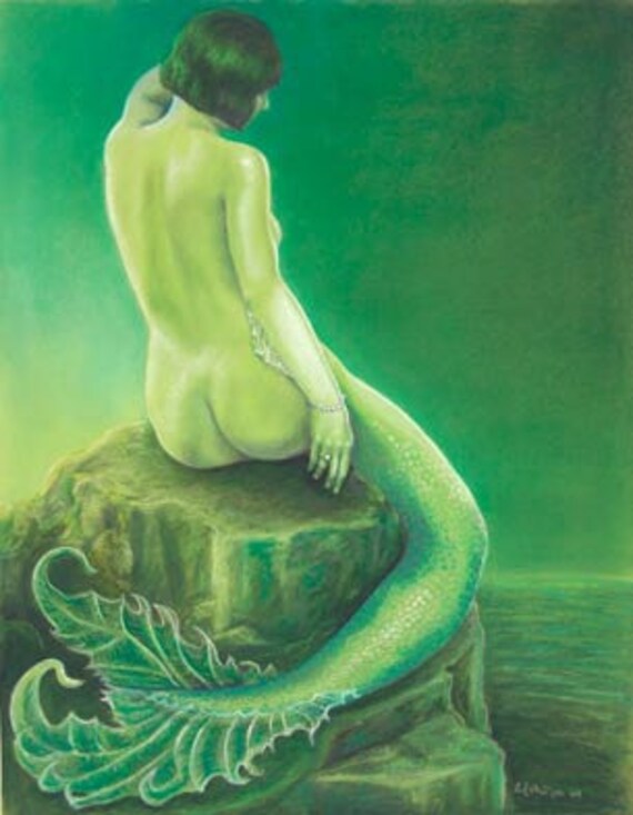 vintage Pinup Mermaid Art Fantasy Art Print ocean beach 16 x 20 Tigers EYE