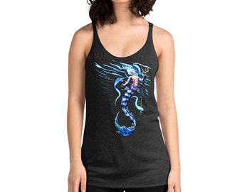 Deep Blue Merman Mermaid Graphic Tee Women's Racerback Tank Top Ocean Beach Wear T-shirt