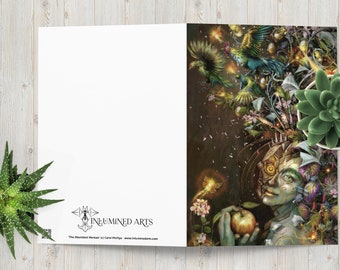 Abundant Woman Fantasy Art Greeting Card Plants dryad Fairy Robot