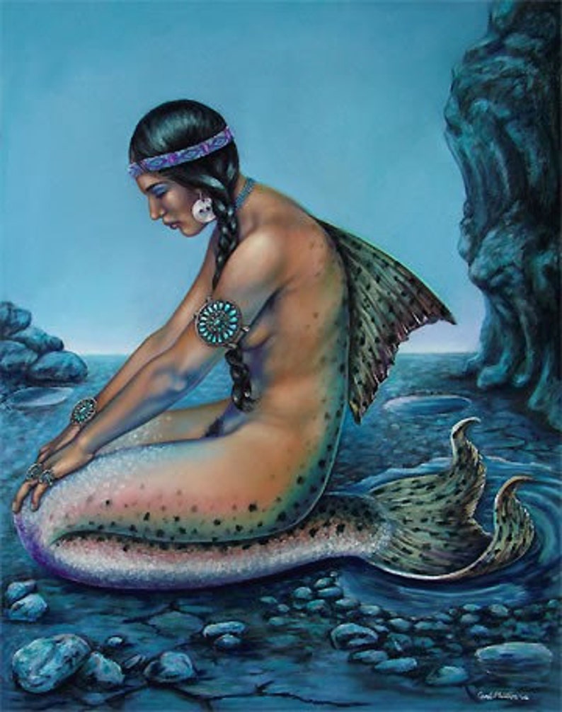 Turquoise Vintage Mermaid Fantasy Art Mermaid Art Print Giclee nude Native American, wall art, wall decor image 1