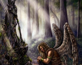 Fantasy Art, Angel, Forest RPG Fantasy Art Print  Celestial Planar Praying