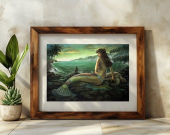 Vintage zeemeermin, Hawaiiaans, zeemeerminkunst, sirene Art Print, fantasiedecor, tropisch, oceaan, beachcore, Hawaï, nautisch, kunst aan de muur, wanddecor