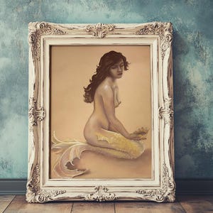 Mermaid Art Print,  Mermaid Painting, Mermaid Decor, Pinup Art, Tan Wall art, Gift for mermaid Lover, Beach Home Decor, Cottage Core