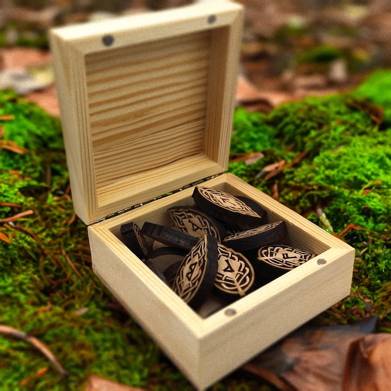 Boxed norse ash wood leaf rune set pagan gift