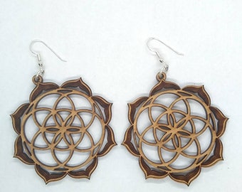 Sacred Geometry Sterling Silver Flower of Life Cherry Wood Earrings boho  hippie newage pagan wooden
