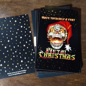 Holiday Christmas Santa Skull Cards, Heavy Metal Christmas card,  Gold foil Greeting Post Cards  10 pk 5 x 7 funny Christmas card, x-mas