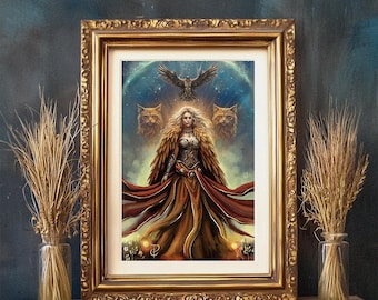 Lámina artística de Freya, diosa nórdica – Arte mural de mitología vikinga, decoración pagana fantástica, ilustración de la diosa gata y halcón, regalo escandinavo para ella