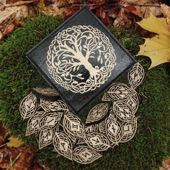 ASH Wood rune set,  Elder Futhark Viking Runes, Pocket Rune Set, leaf norse runes, pagan, witch gift USA divination Rune Guide