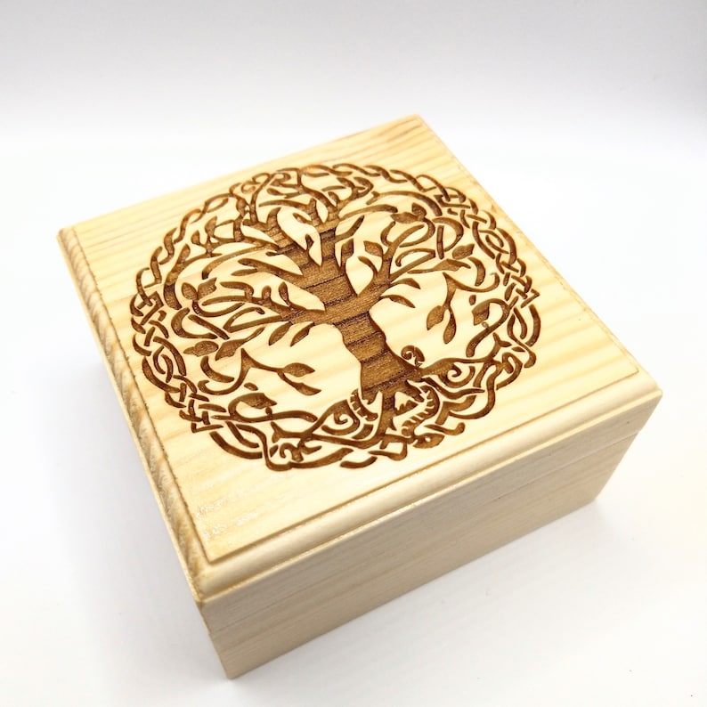 natural wooden rune  box , world tree  yggdrasil,  pagan  gift