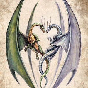 Fantasy Art Print,  Dragon Art,  Dragons Heart Love entwined lovers valentines, wall art , wall decor