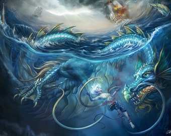 Fantasy Art, Dragon Art print, Sea serpent , illustration, nautical, ocean, blue, sea