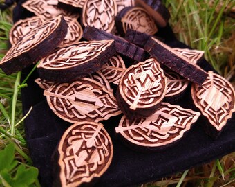 Viking Elder Futhark Pocket Rune Set, leaf norse nordic yggdrasil ASH WOOD, yule pagan witch holiday gift ideas, USA made