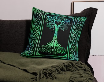 Green Tree of Life Celtic Knot Pillow: Witchy Home Decor