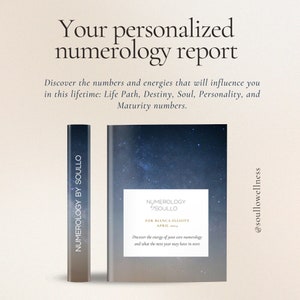 May include: A personalized numerology report for Bianca Elliott, dated April 2014, with a starry night sky background. The report is titled "Numerology by Soullo" and includes the text "Discover the energy of your core numerology and what the next year may have in store."
