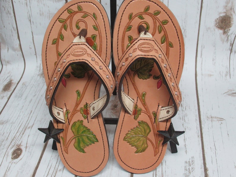 tooled leather flip flops