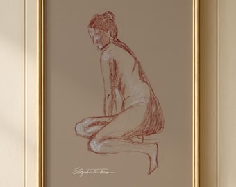 Female Figure Drawing Print, Charcoal Woman Sketch, Minimalist Figure Art