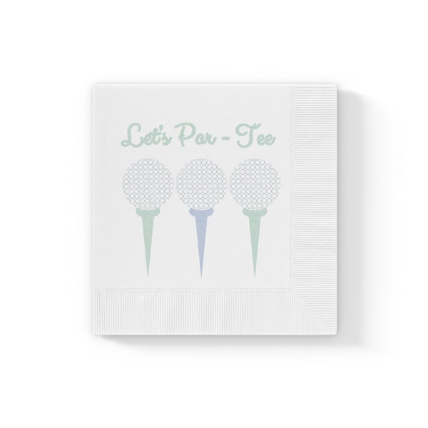White Coined Napkins, Cocktail Napkins. Cute Pun, Golfer or Hostess Gift! Let's Par-Tee! Who's You Caddy? Cart, Golf Ball and Tees.