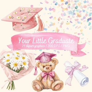 Abschlussfeier Clipart Teddybär Mütze und Schleife Klasse von 2024 niedliches druckbares Abschlusskind Party Dekor Vorschulkind rosa PNG