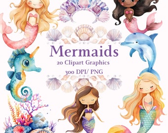 Charming Watercolour Mermaid Seahorse Tiara Shell Frame Clipart Girl Birthday Party Invitation Card Pastel Bedroom Decor Digital Download