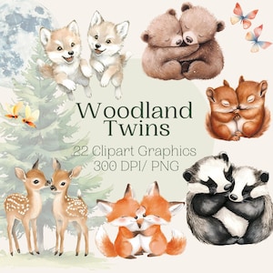 Clipart de hermanos gemelos de animales del bosque en acuarela, descarga digital instantánea, lindos gráficos para baby shower, invitación de cumpleaños, bosque, naturaleza, comercial