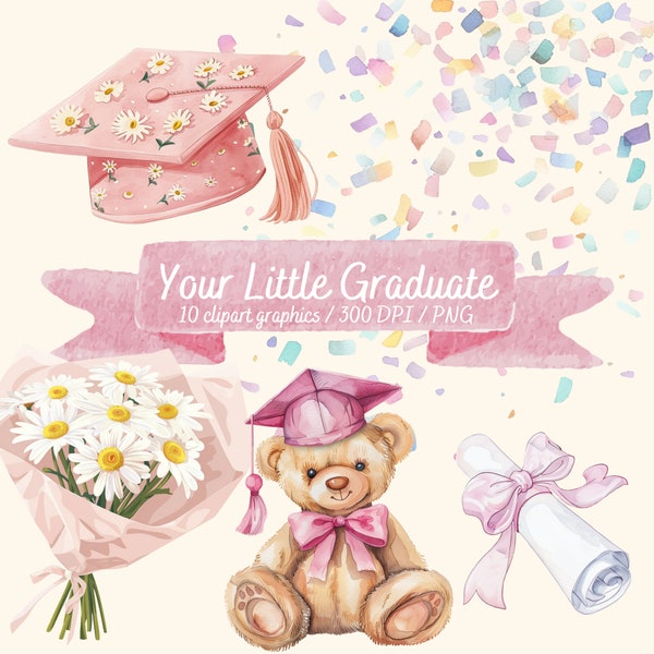 Graduation clipart teddy bear cap and bow Class of 2024 cute printable grad party decor preschool student diploma Pre-K girl pink PNG