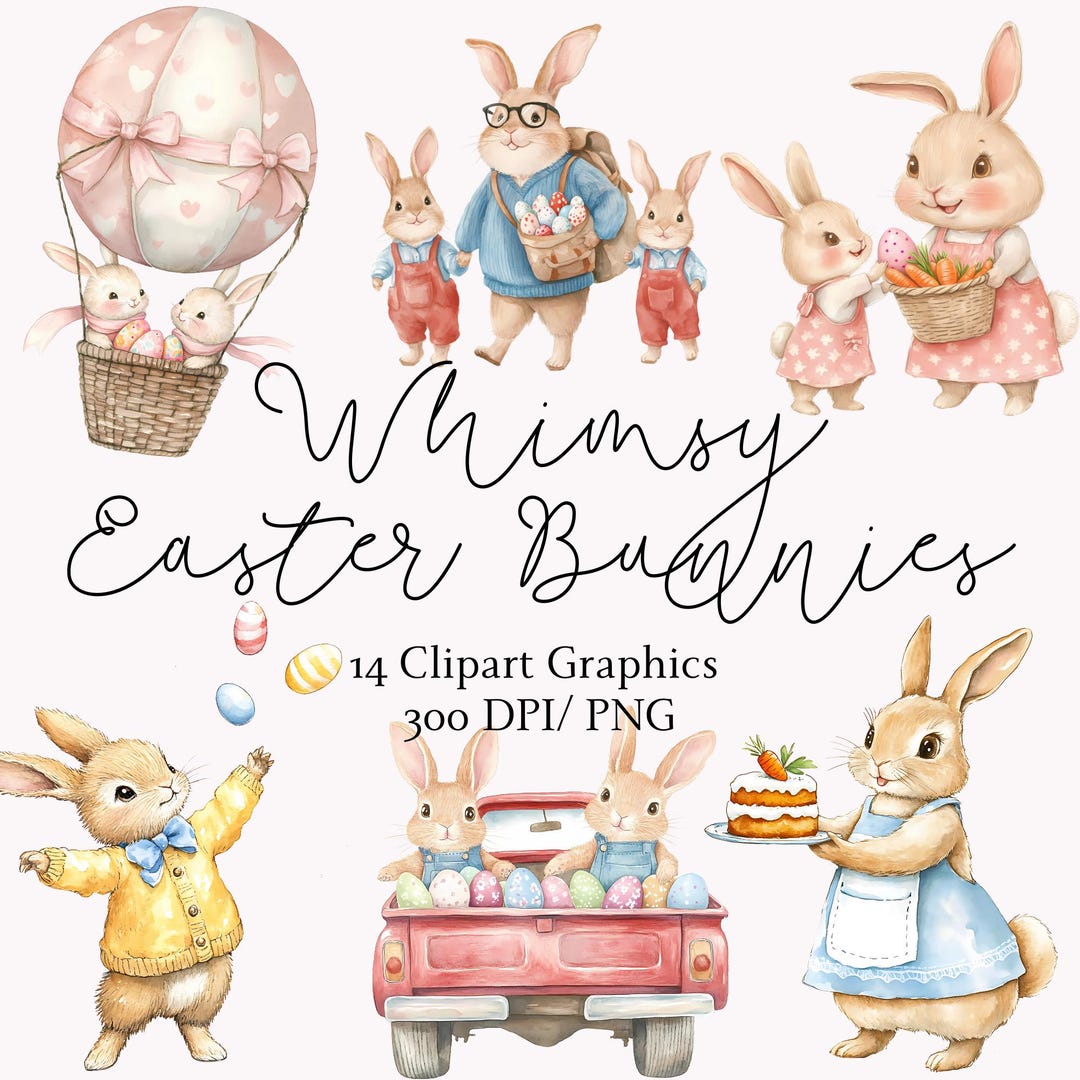 Whimsy Easter Bunny Clipart Graphics Instant Digital Download Cottage ...