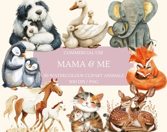 Mama and Me Clipart Pack, Digital Download, Baby Farm Animals, Cute Neutral Baby Shower, Mother’s Day, PNG, Commercial Use, Gouache, Safari
