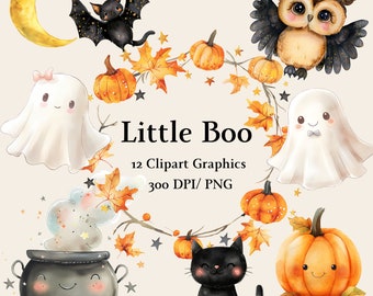 Watercolour Little Boo Clipart Halloween Theme, Almost Due Baby Shower Party Invite Child Décor Wreath Cute Ghost Black Cat Brewing Cauldron