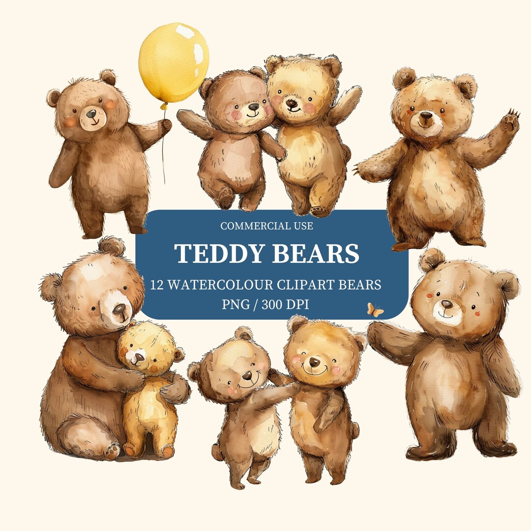 Watercolour Teddy Bear Clipart Bundle, Digital Download, Baby Shower ...