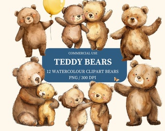 Watercolour Teddy Bear Clipart Bundle, digital download, baby shower clipart, teddy bear birthday party theme, balloons, PNG, commercial use