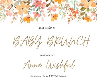 Orange Floral Editable Baby Shower Invitation