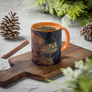 May include: A black and gold dragon mug with an orange rim and handle. The mug is filled with a dark liquid and steam is rising from it. The mug is sitting on a wooden cutting board.