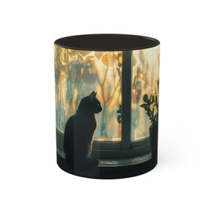 May include: A black cat sits on a windowsill, looking out at a blurry sunset through a window. The cat is in silhouette against the bright light.