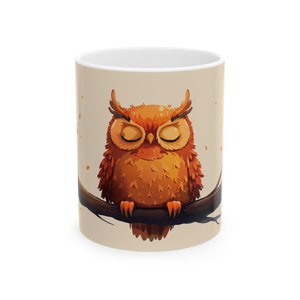 Mug hibou minimaliste - Design perché pour dormir, tasse à café en céramique de 11 oz pour les amateurs de hibou et les matins douillets