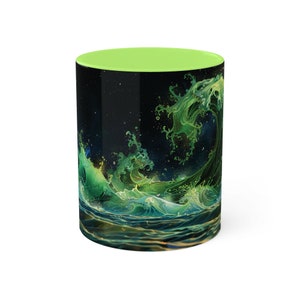 May include: A green and black ceramic mug with a swirling wave design. The mug has a lime green interior.