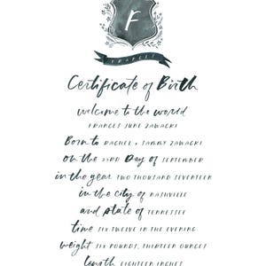 Birth Certificate Crest, Semi-Custom 11x14 image 4