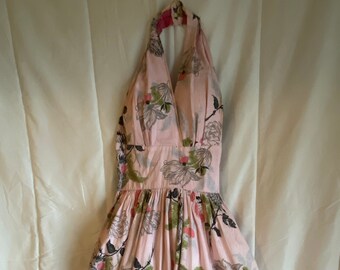 1950s Floral Cotton Print Halter Dress